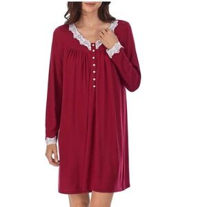 Eileen West Berry Long Sleeve Lace Trim Nightgown Sleep Shirt Dress Burgundy
